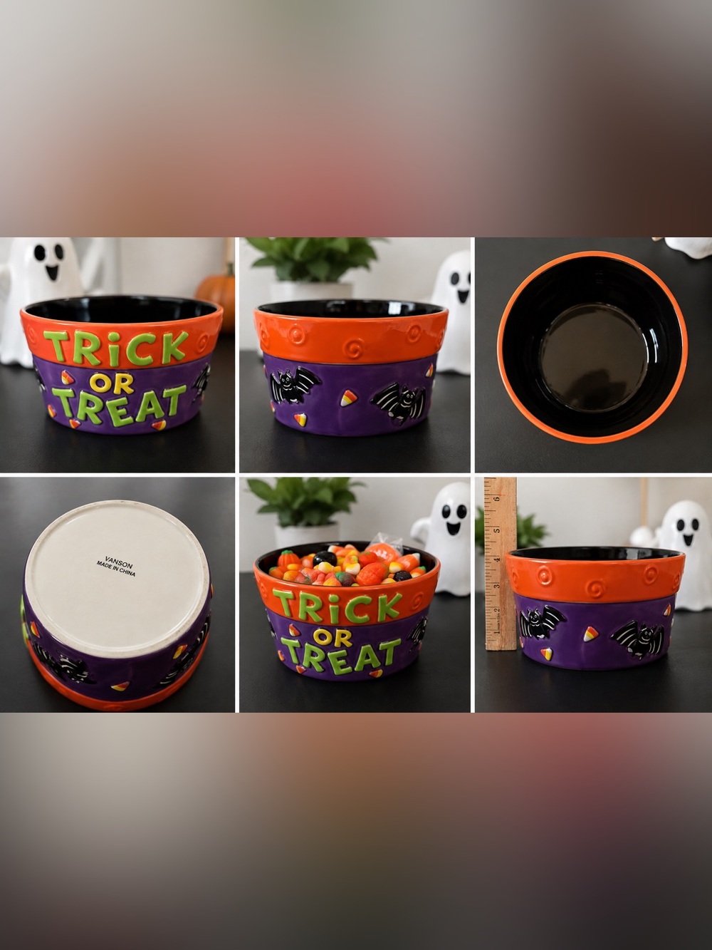 Halloween Trick or Treat Ceramic Candy Bowl Bats Candy Corn